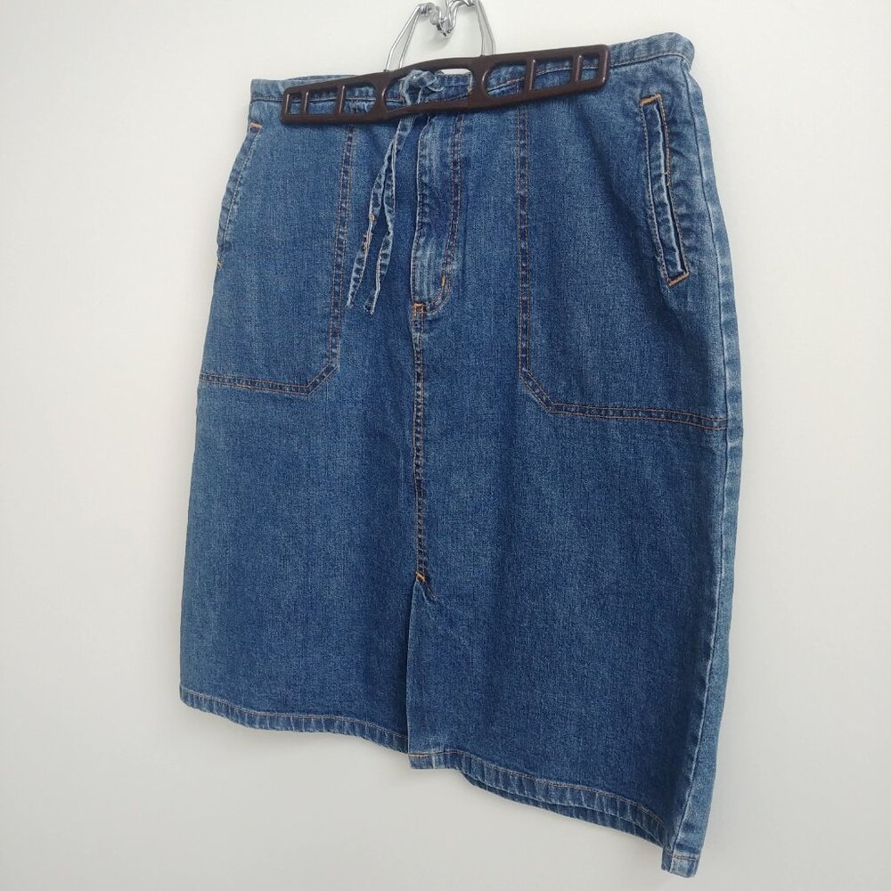 Cherokee 98% cotton denim blue jean skirt tie waist front slit pockets 10